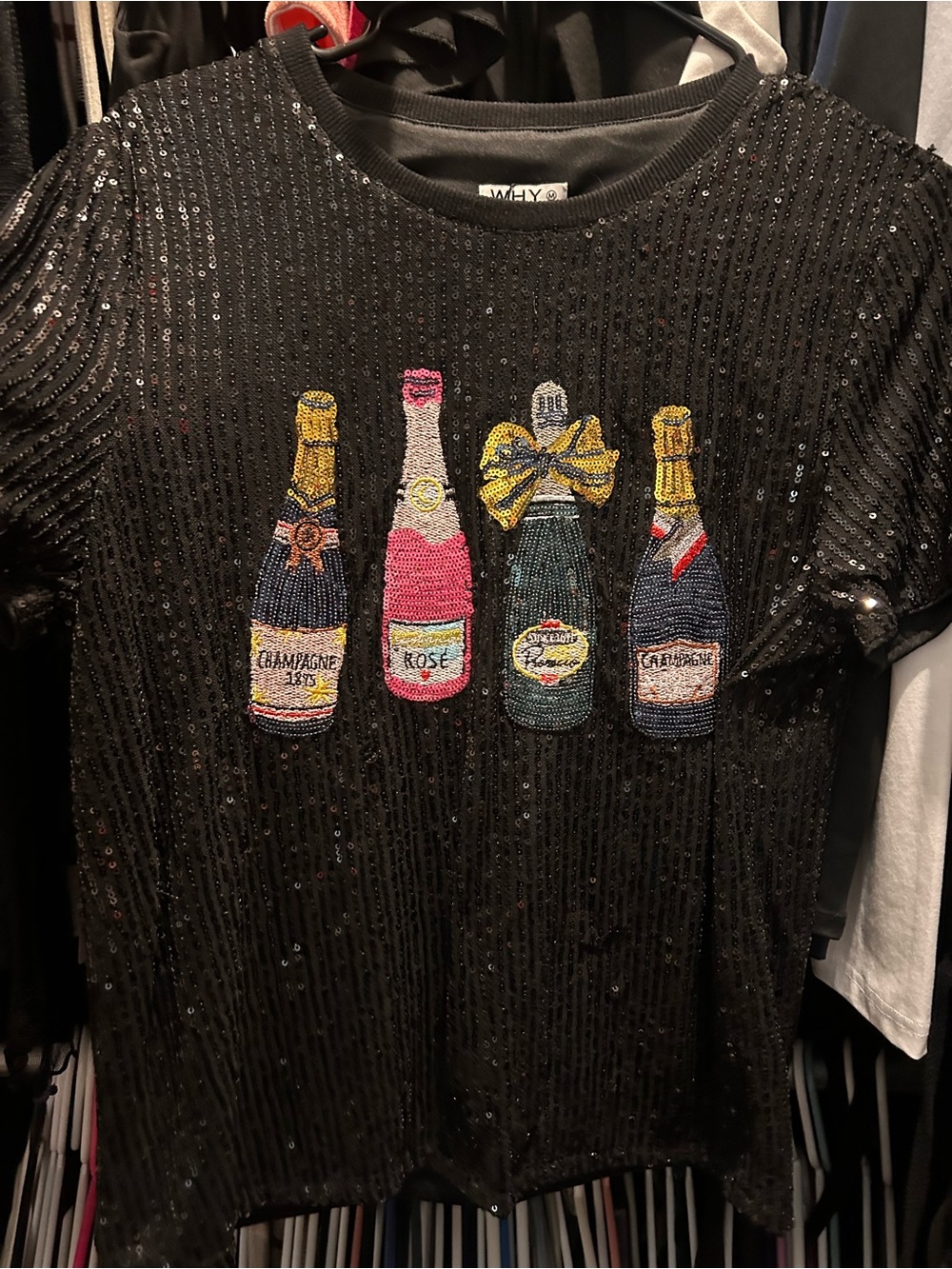 WHY Black Sequin Party Tee with Embellished Champagne Bottles worn once. Excelle
